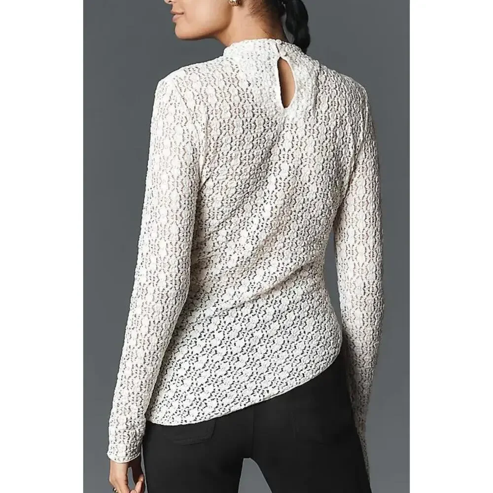 NWT Anthropologie Ivory Smocked Lace Sheer Mock Neck Long Sleeve Top Size M - Picture 2 of 13